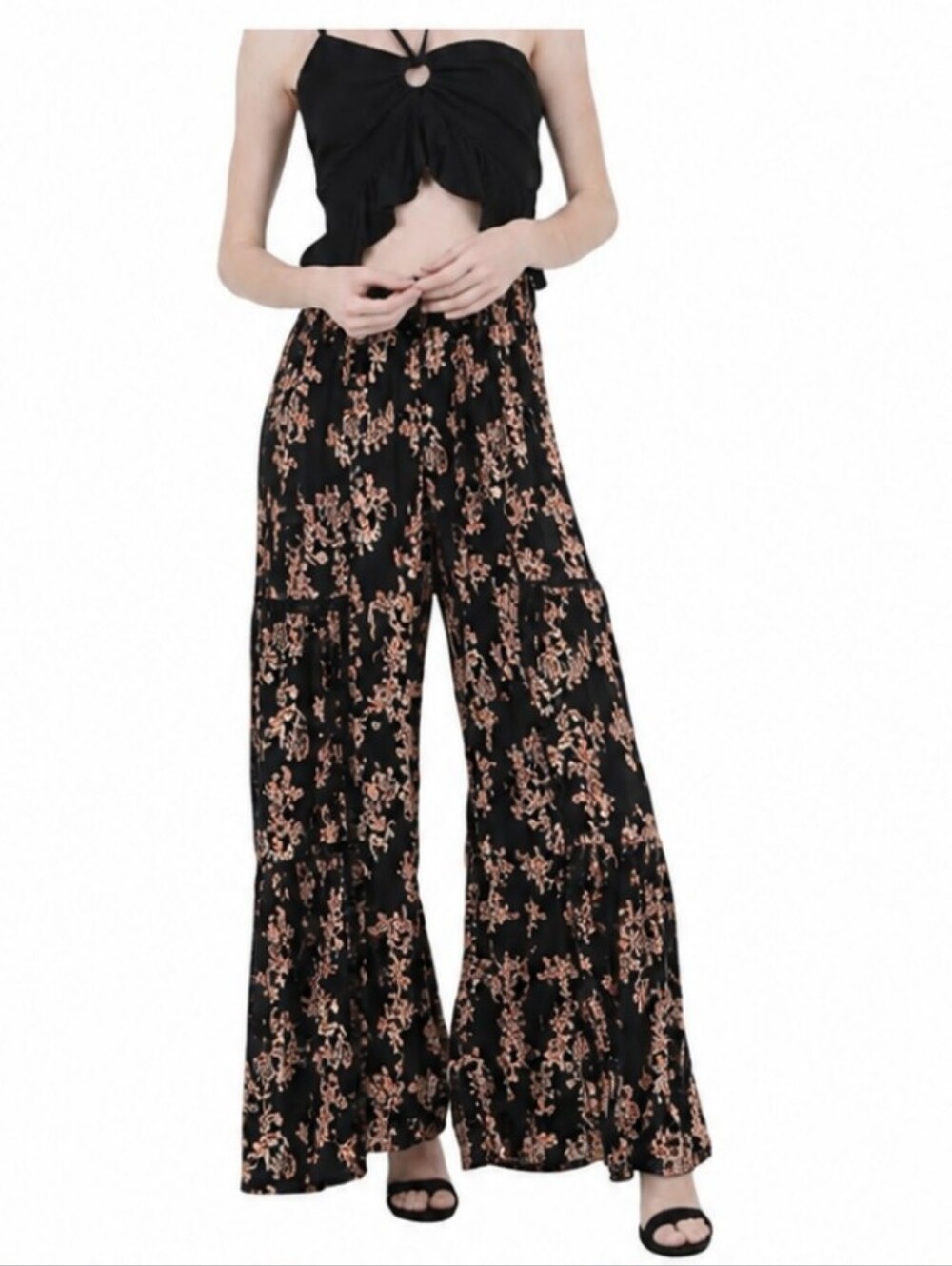 Angie Wide Leg Floral Black Flowy Pants with Lace Inserts Rayon Size L